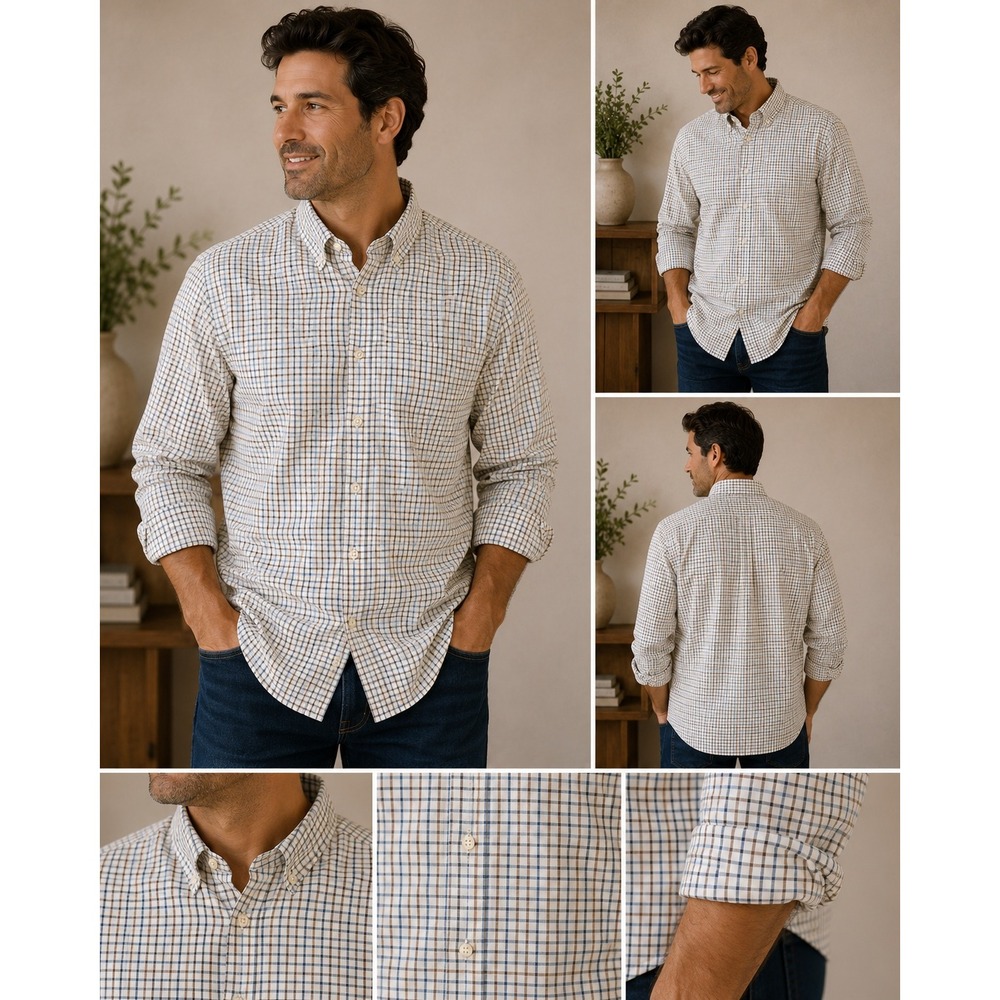 Tommy Hilfiger Mens Regular Fit Check Button Down Shirt Blue Tan 17.5 36-37